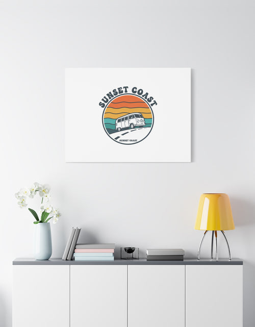 Load image into Gallery viewer, Sunset Coast Retro VW Bus Matte Canvas, 1970s Sunset Palm Poster | Vintage Surf Roadtrip

