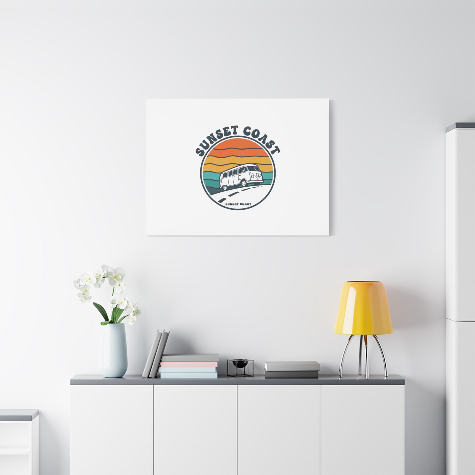 Sunset Coast Retro VW Bus Matte Canvas, 1970s Sunset Palm Poster | Vintage Surf Roadtrip