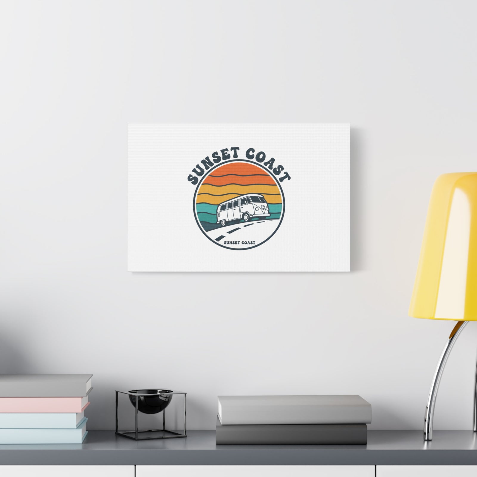 Sunset Coast Retro VW Bus Matte Canvas, 1970s Sunset Palm Poster | Vintage Surf Roadtrip