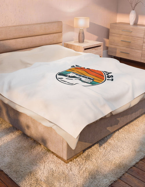 Load image into Gallery viewer, Sunset Coast VW Camper Blanket | 70s Sunset Retro Palm, Golden Hour Postcard
