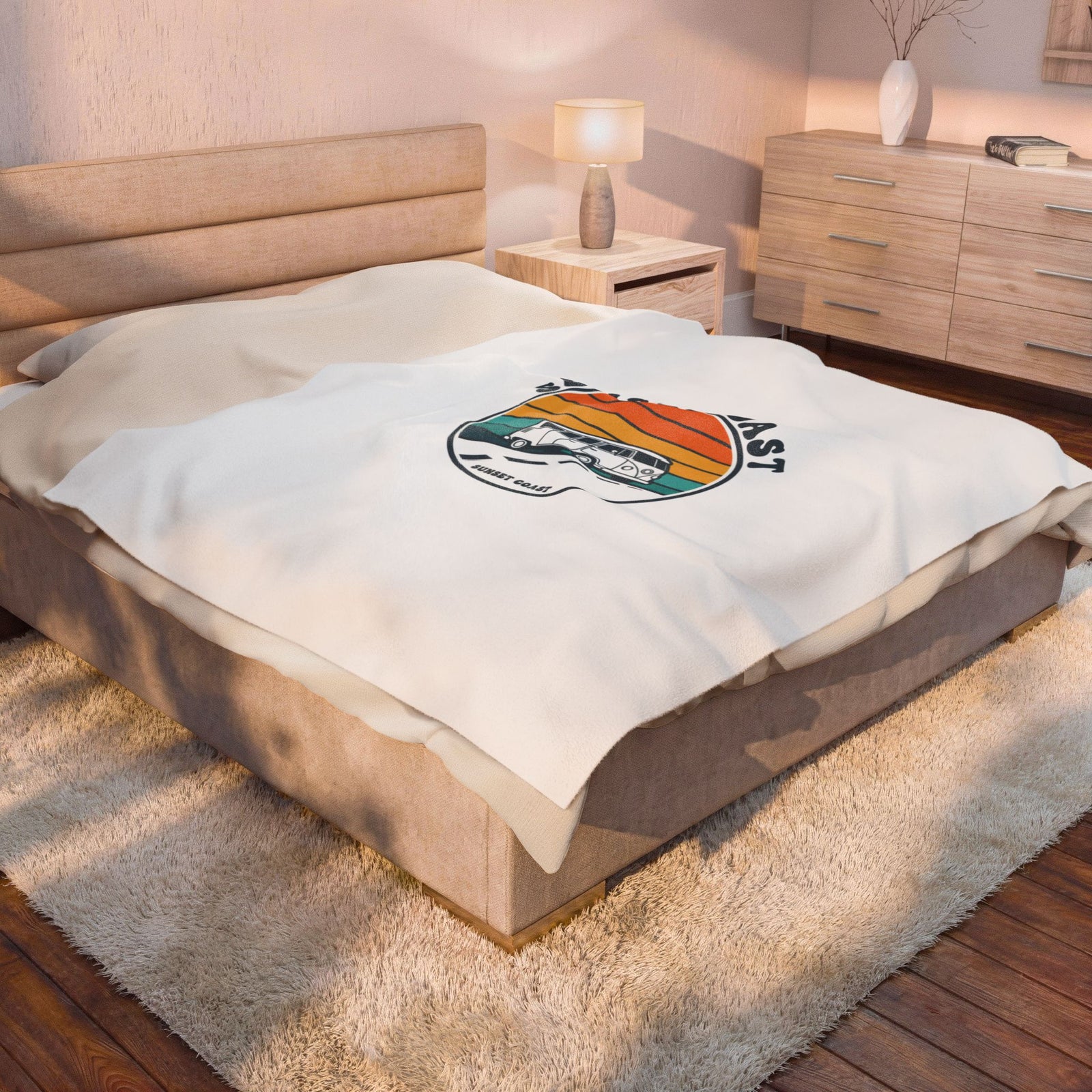 Sunset Coast VW Camper Blanket | 70s Sunset Retro Palm, Golden Hour Postcard