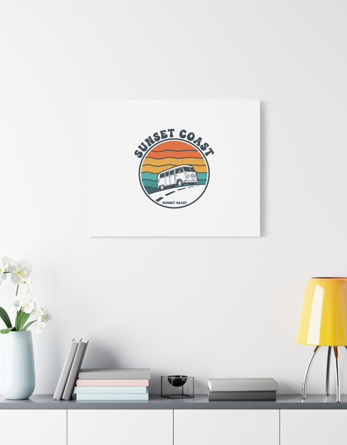 Load image into Gallery viewer, Sunset Coast Retro VW Bus Matte Canvas, 1970s Sunset Palm Poster | Vintage Surf Roadtrip
