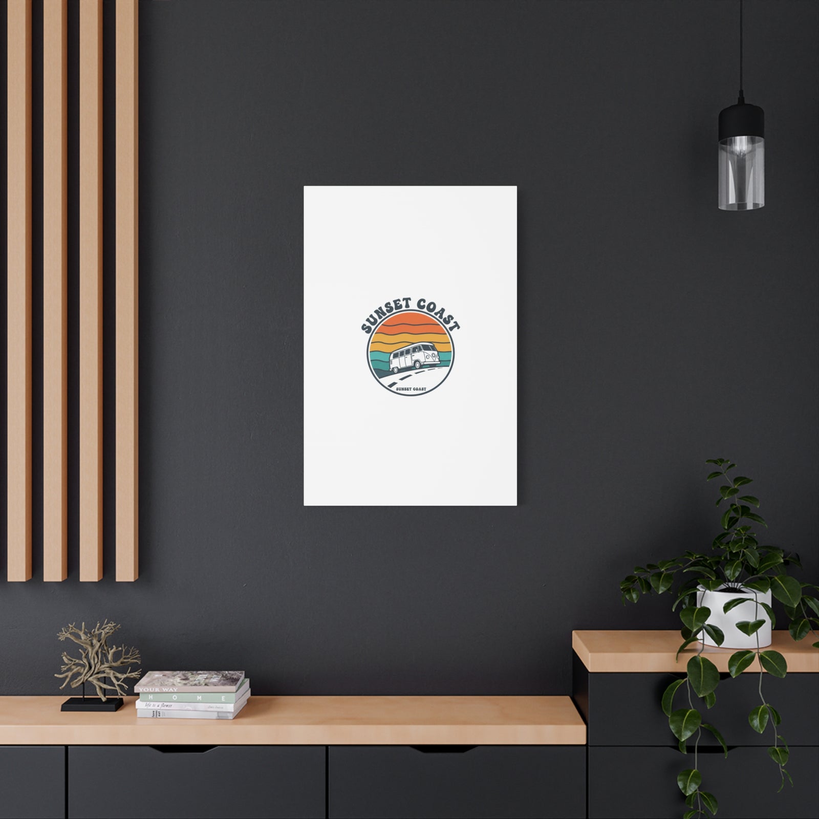 Sunset Coast Retro VW Bus Matte Canvas, 1970s Sunset Palm Poster | Vintage Surf Roadtrip