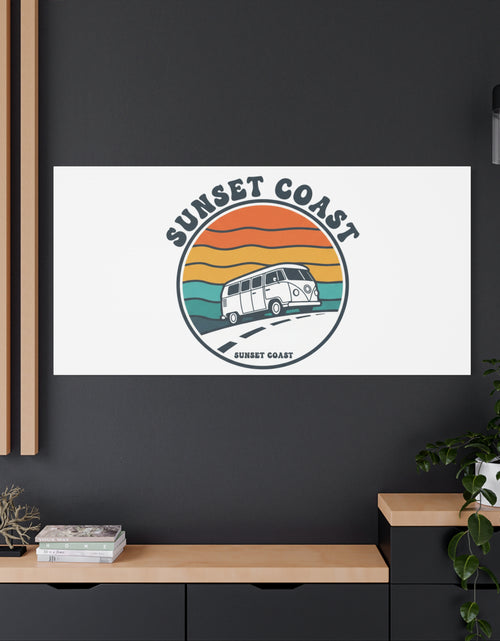 Load image into Gallery viewer, Sunset Coast Retro VW Bus Matte Canvas, 1970s Sunset Palm Poster | Vintage Surf Roadtrip
