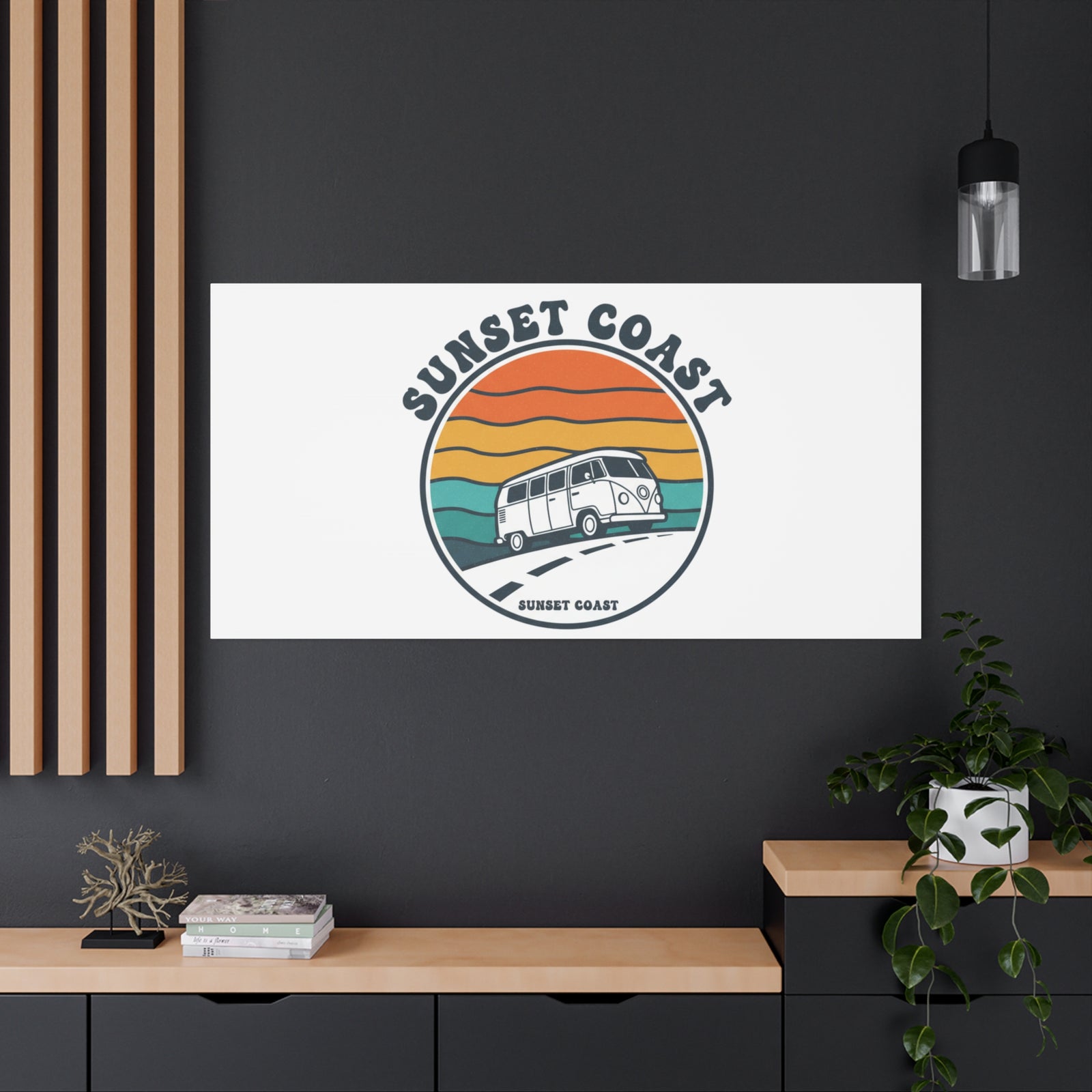 Sunset Coast Retro VW Bus Matte Canvas, 1970s Sunset Palm Poster | Vintage Surf Roadtrip