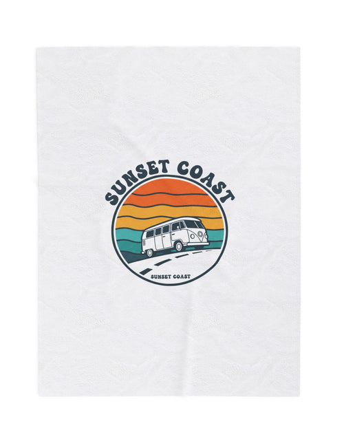 Load image into Gallery viewer, Sunset Coast VW Camper Blanket | 70s Sunset Retro Palm, Golden Hour Postcard
