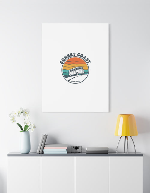 Load image into Gallery viewer, Sunset Coast Retro VW Bus Matte Canvas, 1970s Sunset Palm Poster | Vintage Surf Roadtrip
