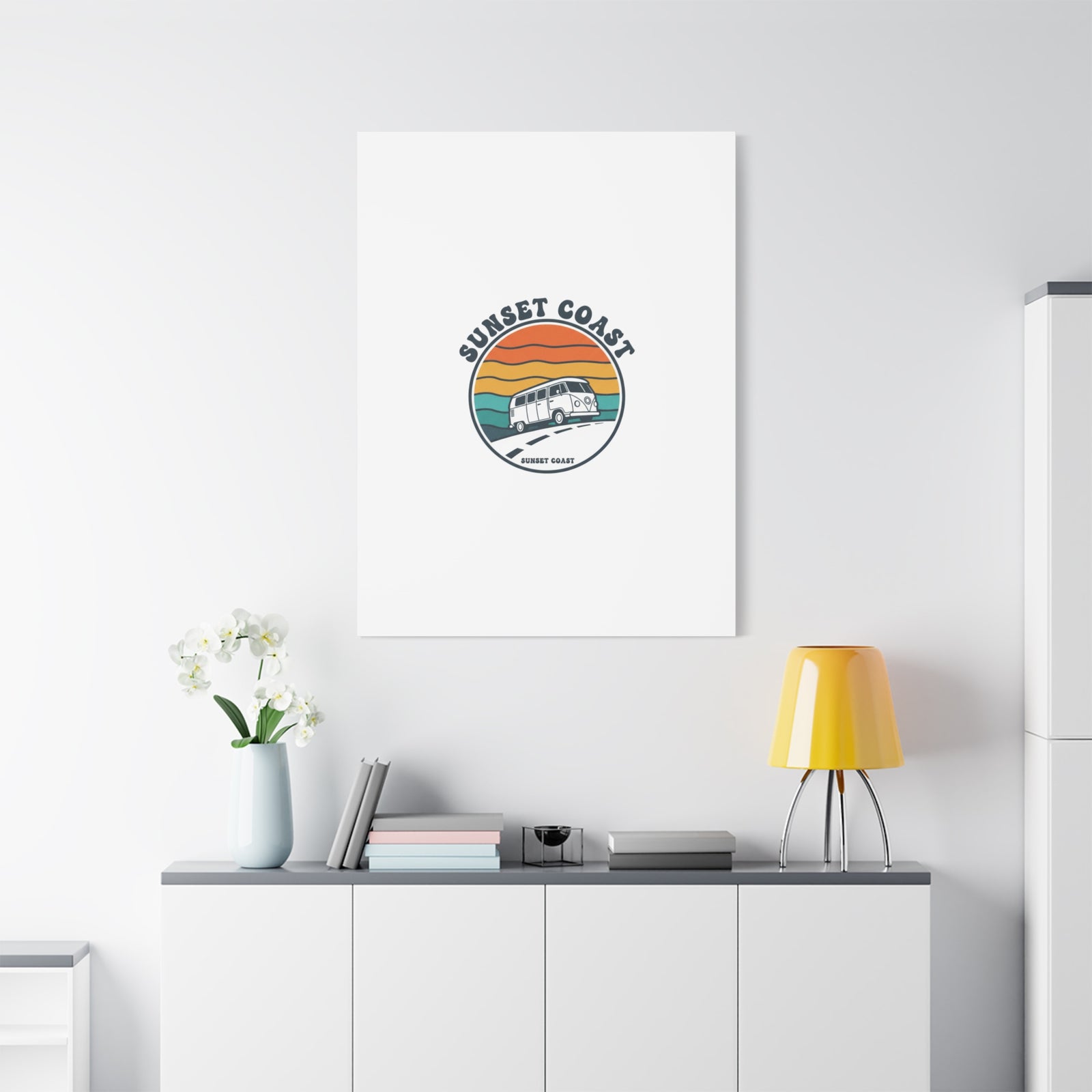 Sunset Coast Retro VW Bus Matte Canvas, 1970s Sunset Palm Poster | Vintage Surf Roadtrip