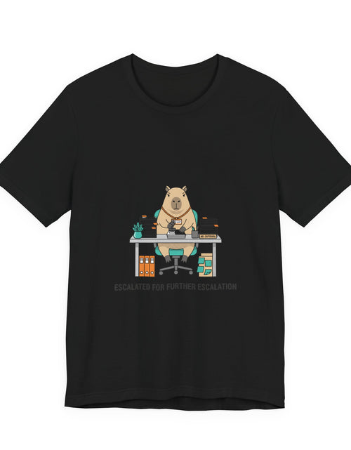 Load image into Gallery viewer, Escalated for Further Escalation Bear Desk Tee | Unhinged Animal Bureaucracy, office bear illustration

