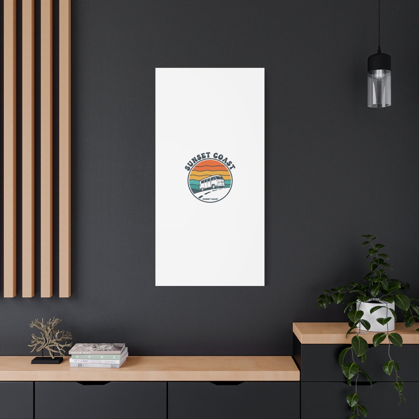 Sunset Coast Retro VW Bus Matte Canvas, 1970s Sunset Palm Poster | Vintage Surf Roadtrip