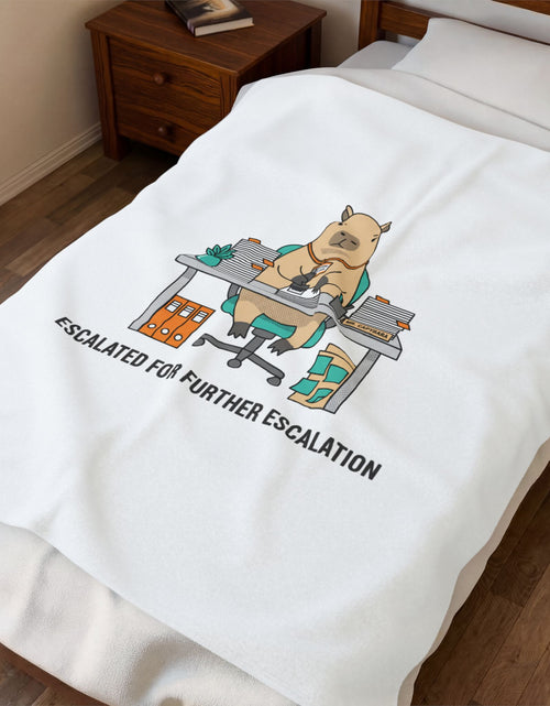 Load image into Gallery viewer, Escalated for Further Escalation Velveteen Blanket | Unhinged Animal Bureaucracy, Office Bear Illustration
