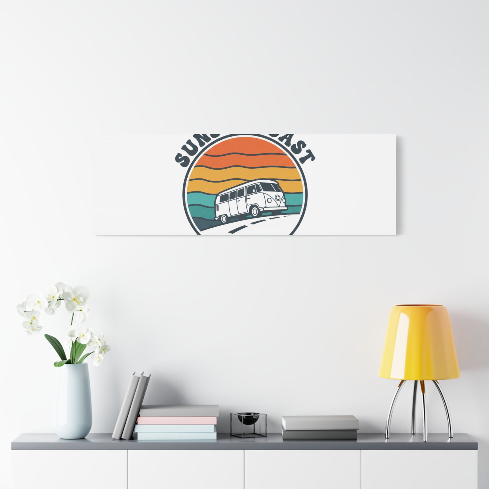 Sunset Coast Retro VW Bus Matte Canvas, 1970s Sunset Palm Poster | Vintage Surf Roadtrip