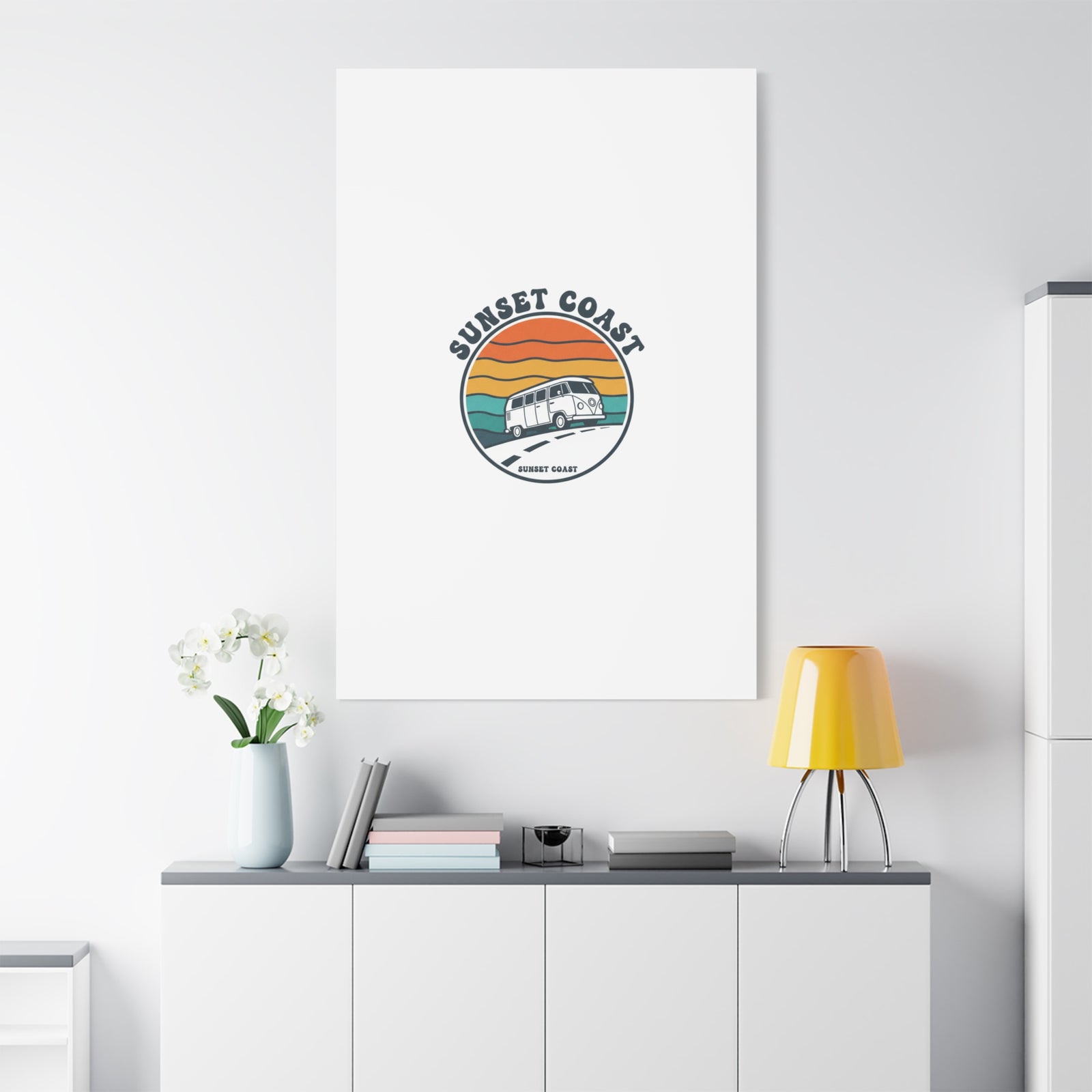 Sunset Coast Retro VW Bus Matte Canvas, 1970s Sunset Palm Poster | Vintage Surf Roadtrip