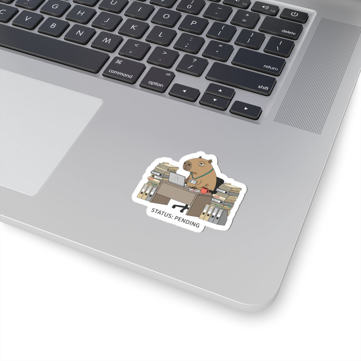 Status: Pending — Raccoon at Desk Kiss-Cut Sticker | Unhinged Animal Bureaucracy