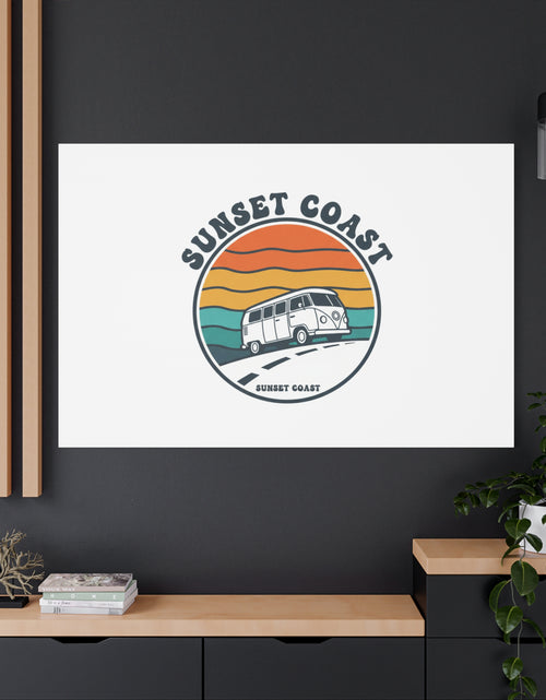 Load image into Gallery viewer, Sunset Coast Retro VW Bus Matte Canvas, 1970s Sunset Palm Poster | Vintage Surf Roadtrip
