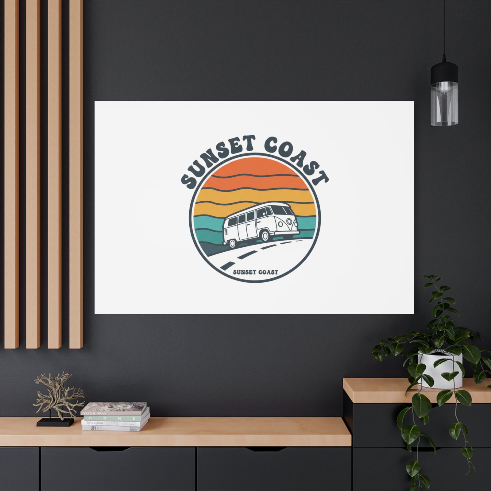Sunset Coast Retro VW Bus Matte Canvas, 1970s Sunset Palm Poster | Vintage Surf Roadtrip