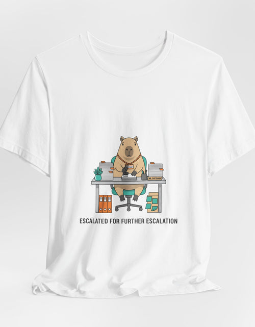 Load image into Gallery viewer, Escalated for Further Escalation Bear Desk Tee | Unhinged Animal Bureaucracy, office bear illustration
