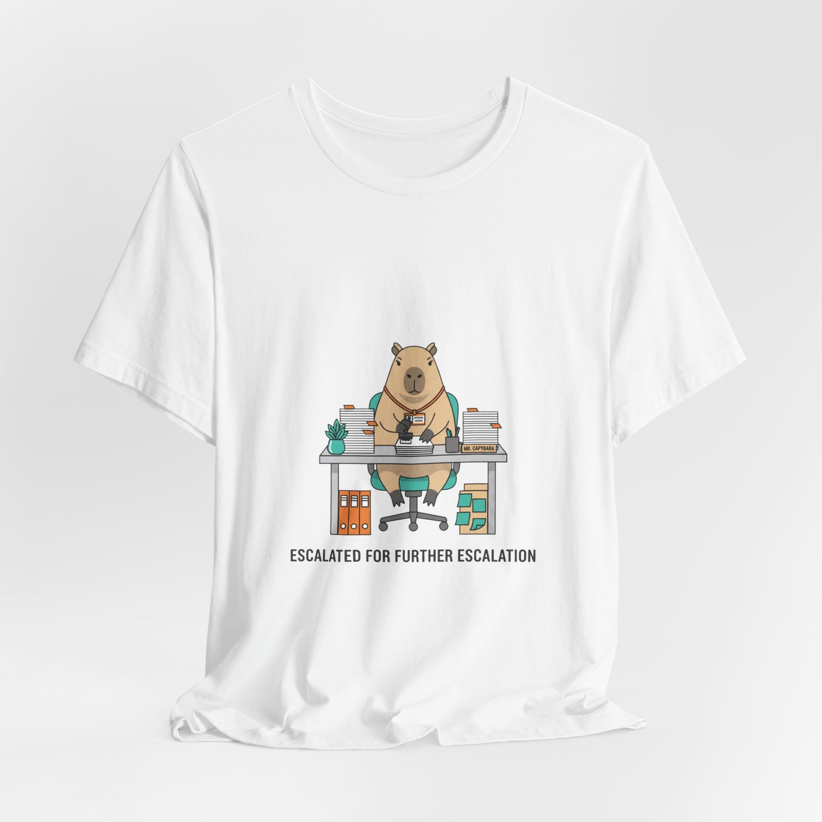 Escalated for Further Escalation Bear Desk Tee | Unhinged Animal Bureaucracy, office bear illustration