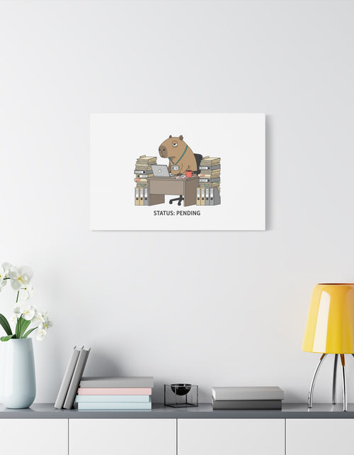 Load image into Gallery viewer, Status: Pending office capybara illustration Canvas | Unhinged Animal Bureaucracy, adulting animal art

