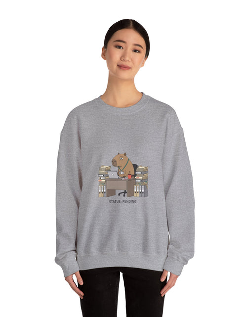 Load image into Gallery viewer, Status Pending Raccoon Desk Illustration Sweatshirt | Unhinged Animal Bureaucracy, office raccoon
