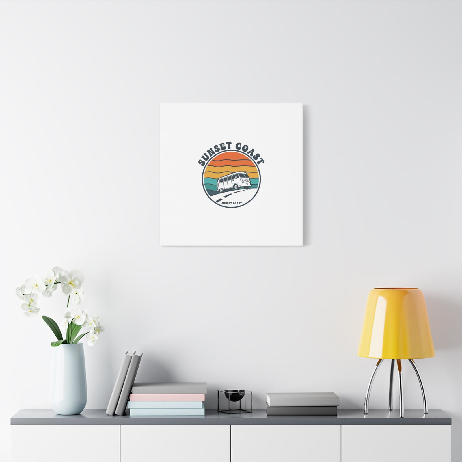Sunset Coast Retro VW Bus Matte Canvas, 1970s Sunset Palm Poster | Vintage Surf Roadtrip