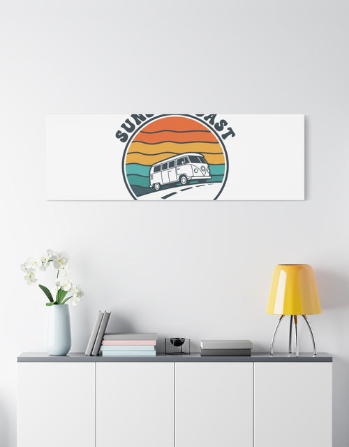 Load image into Gallery viewer, Sunset Coast Retro VW Bus Matte Canvas, 1970s Sunset Palm Poster | Vintage Surf Roadtrip

