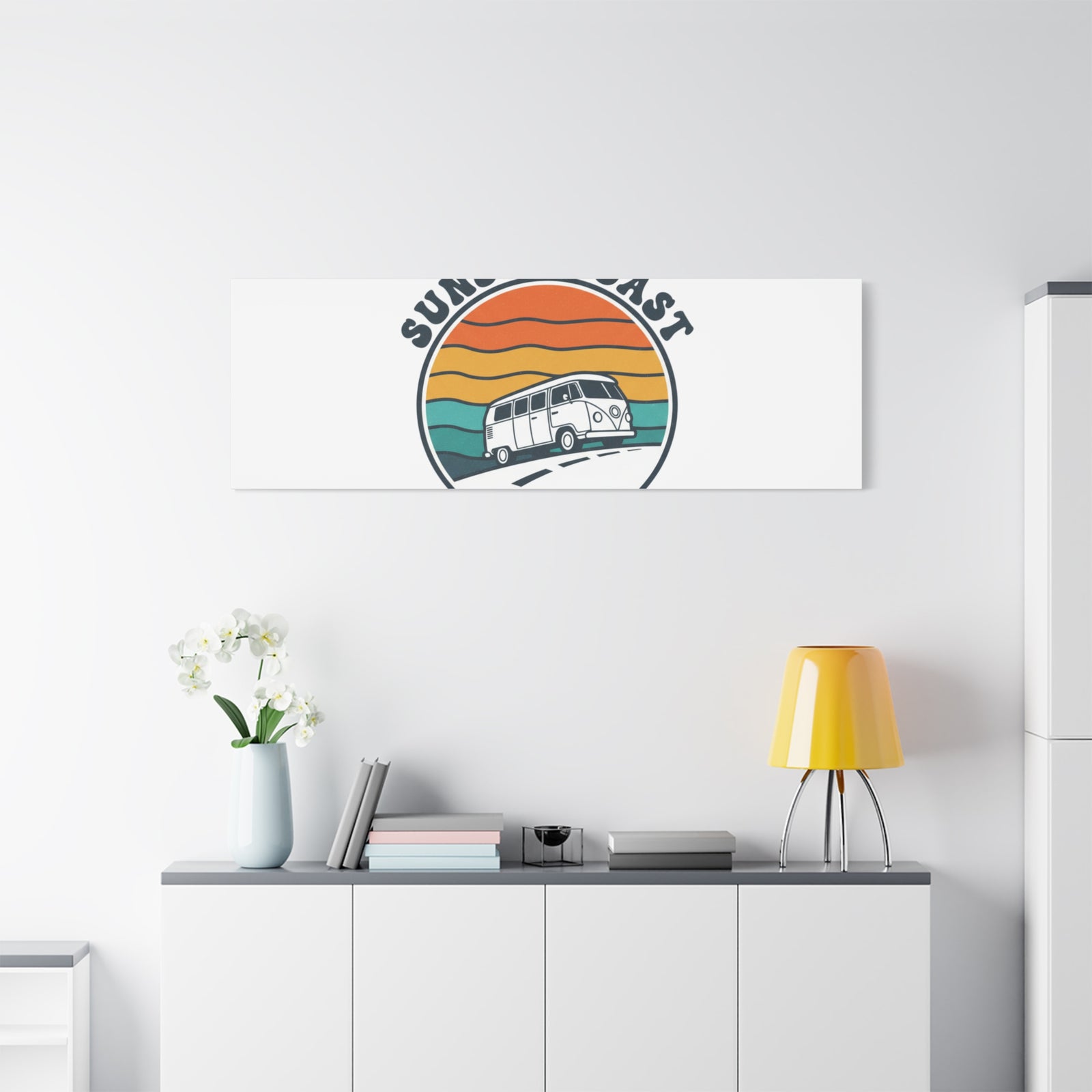 Sunset Coast Retro VW Bus Matte Canvas, 1970s Sunset Palm Poster | Vintage Surf Roadtrip