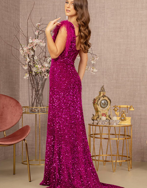 Load image into Gallery viewer, Asymmetric Sleeveless Feather Sequin Velvet Mermaid Dress
