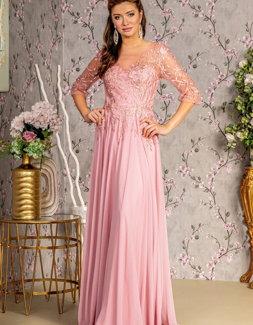 Load image into Gallery viewer, Bead Embroidery Sheer Neckline V-back Chiffon A-line Long Dress
