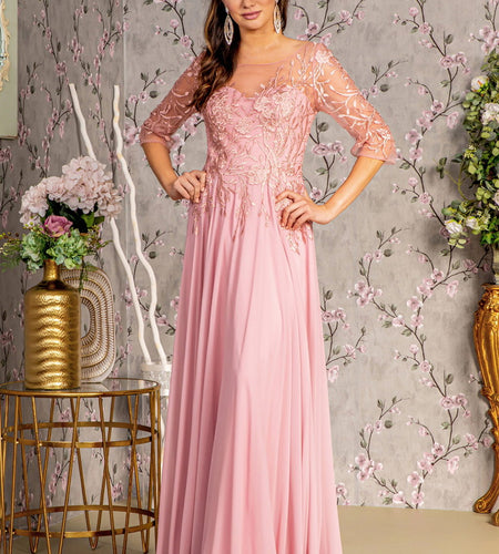 Bead Embroidery Sheer Neckline V-back Chiffon A-line Long Dress