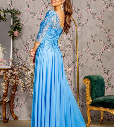 Bead Embroidery Sheer Neckline V-back Chiffon A-line Long Dress