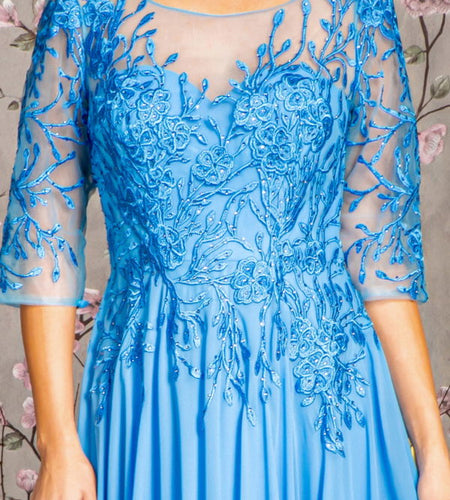 Bead Embroidery Sheer Neckline V-back Chiffon A-line Long Dress
