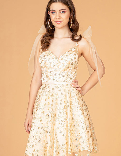 Load image into Gallery viewer, Glitter Mesh Babydoll Short Dress w/ Ribbon Attachment on Shoulder
