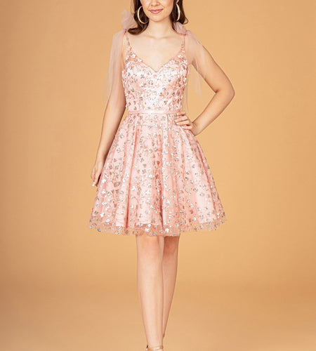 Glitter Mesh Babydoll Short Dress w/ Ribbon Attachment on Shoulder