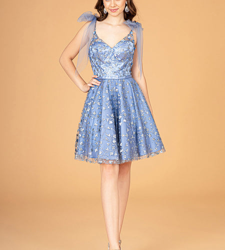 Glitter Mesh Babydoll Short Dress w/ Ribbon Attachment on Shoulder